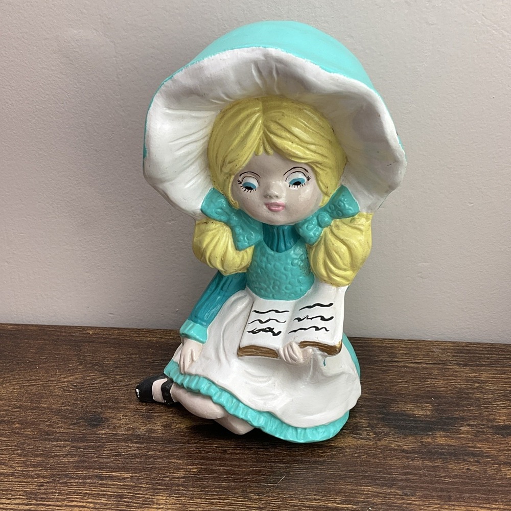Vintage 1977 Porcelain Prairie Girl‎ Blue Dress & Bonnet Hand Painted